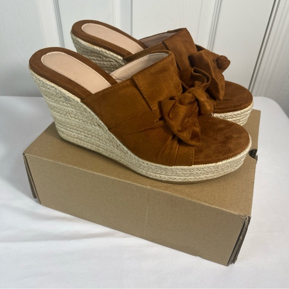 Brown Platform Espadrilles Slip On Wedge Sandals Bow Tie Womens 8.5 New - Picture 2 of 13